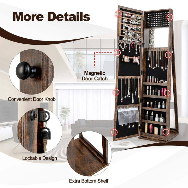 Brown Mirrored Jewelry Cabinet Armoire Lockable Standing Storage Organizer with Shelf