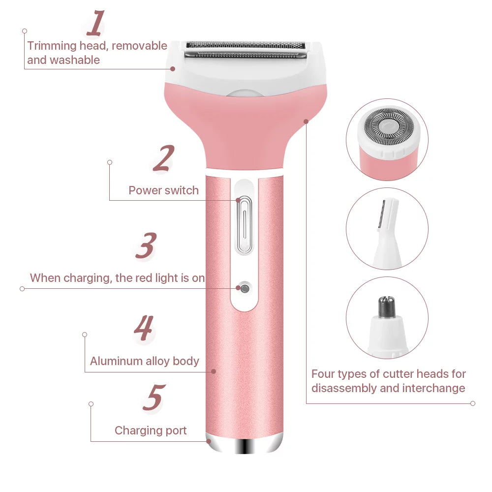 Electric Razor Nose Hair Trimmer for Women Leg Arm Pubic Facial Hair 4 in 1 Shaver Rechargeable Pink