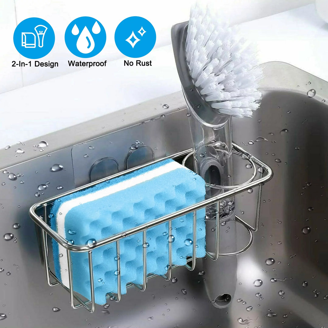 2-In-1 Sink Holder, Adhesive Rustproof Sponge Holder Kitchen Sink Organizer Basket for Sponges, Dish Brushes, Soap