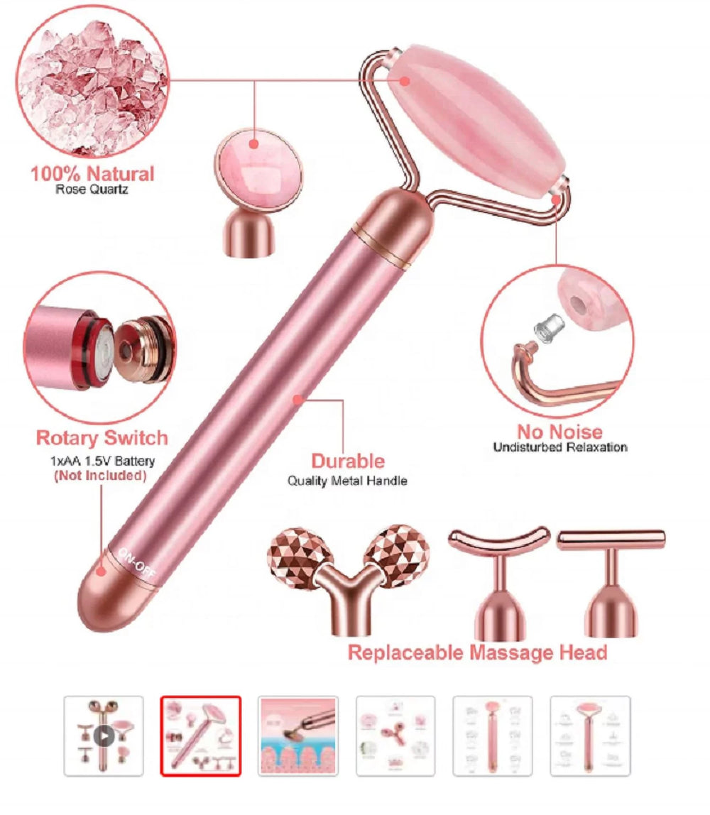 5-In-1 24K Gold Beauty Bar Face Massager Electric Vibrating Rose Quartz 3D Roller Face Lifting Body Facial Gua Sha Jade Roller