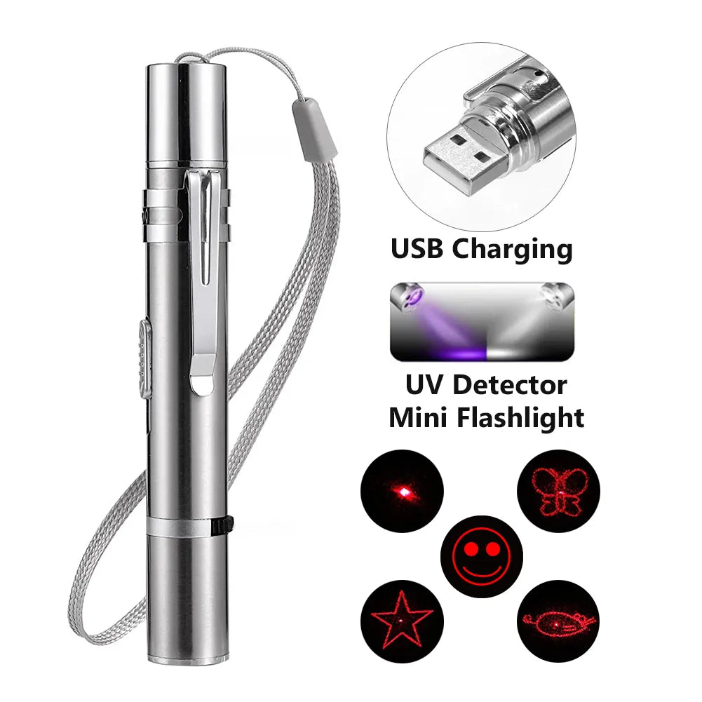 Laser Pointer USB Rechargeable Pen 3 in 1 Cat Dog Pet Toy Red UV Flashlight LED 4mW Laser Pointer Funny Cat Pen Pet Supplies