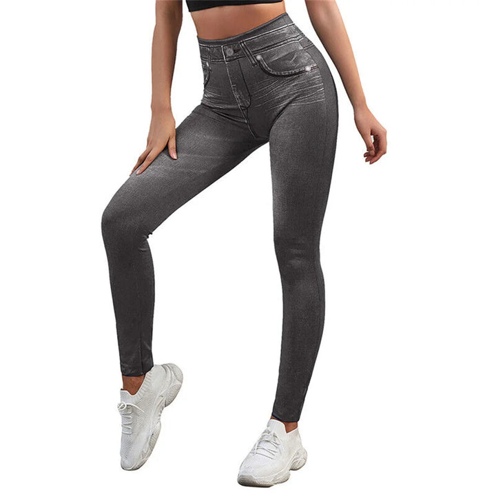 Women Jeggings Imitation Denim Leggings Elastic Slim Fit Buttocks Pants High Waist Tummy Control Seamless Elastic Yoga Leggings