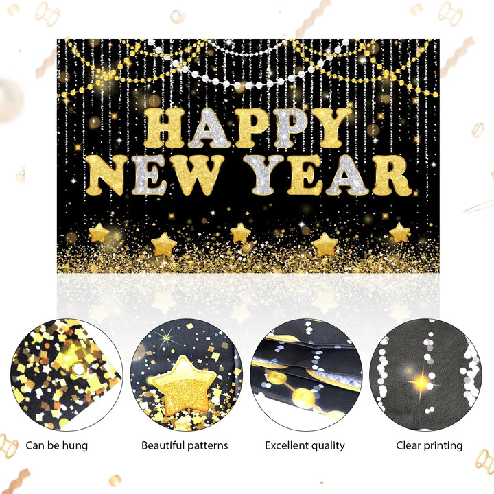 New Years Eve Party Supplies Decorations 2026 Set Large Happy New Year Banner Backdrop Gold Balloons 2026 41Pcs