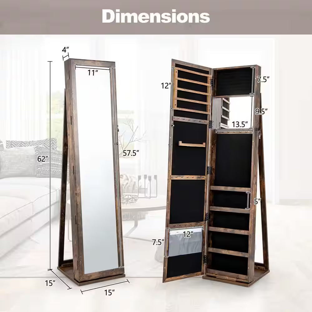 Brown Mirrored Jewelry Cabinet Armoire Lockable Standing Storage Organizer with Shelf