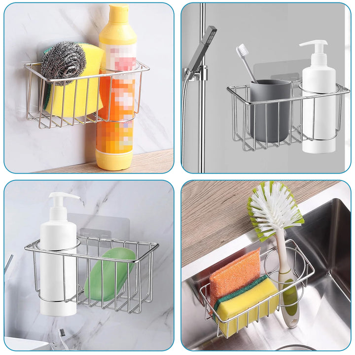 2-In-1 Sink Holder, Adhesive Rustproof Sponge Holder Kitchen Sink Organizer Basket for Sponges, Dish Brushes, Soap