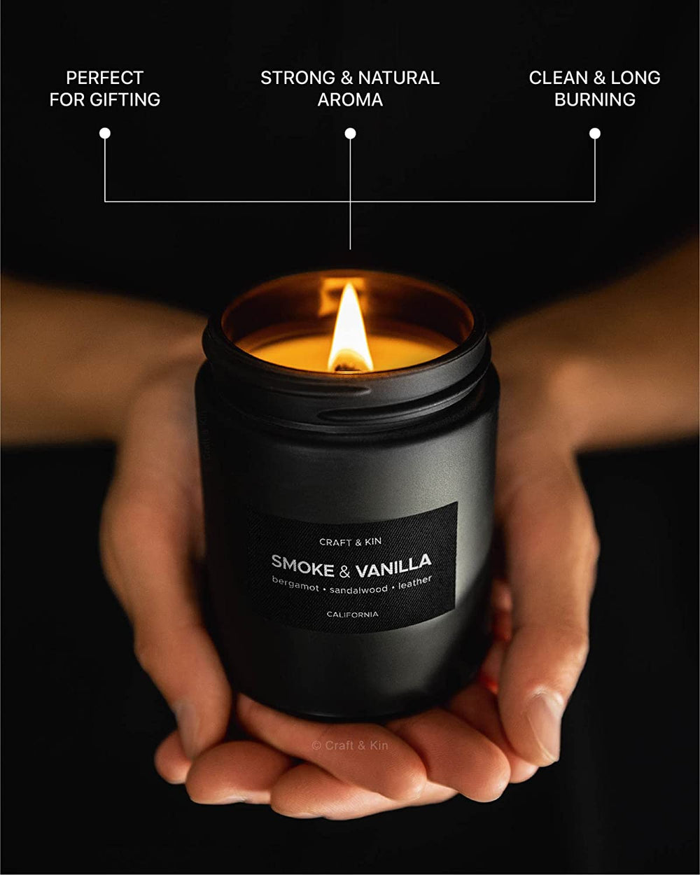 Smoke & Vanilla Candle | Scented Candle for Men | Masculine Candle | Soy Candle | Scented Candle for Home Scented | Black Candles | Long Lasting Candles with 45 Hour Burn Time 7.6Oz