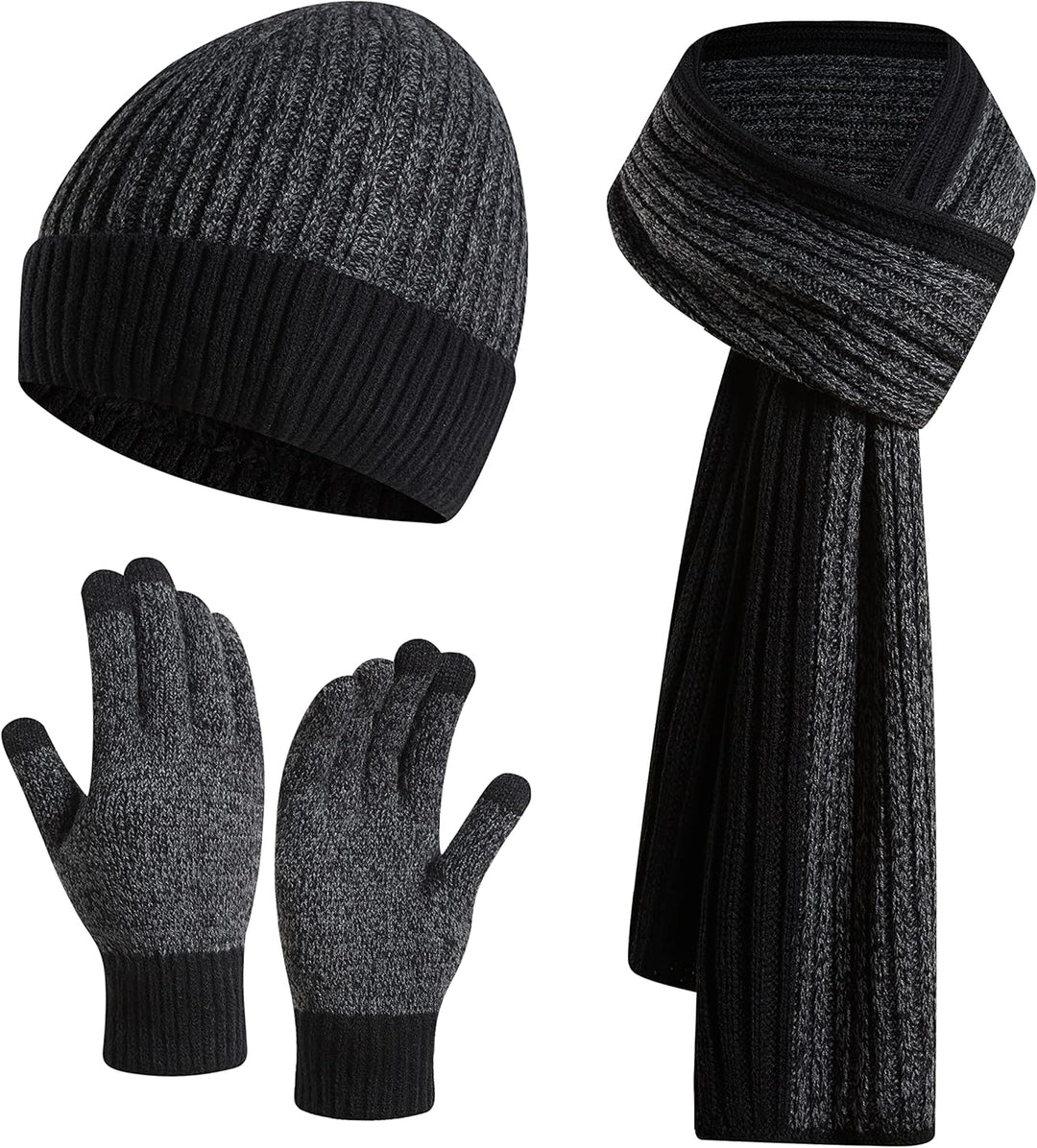 3PCS in 1 Winter Warm Knit Beanie Hat+Long Scarf+Touchscreen Gloves Set with Knit Fleece Lined for Men