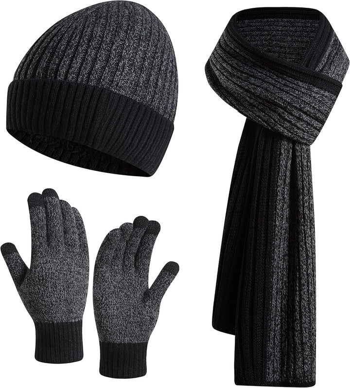 3PCS in 1 Winter Warm Knit Beanie Hat+Long Scarf+Touchscreen Gloves Set with Knit Fleece Lined for Men