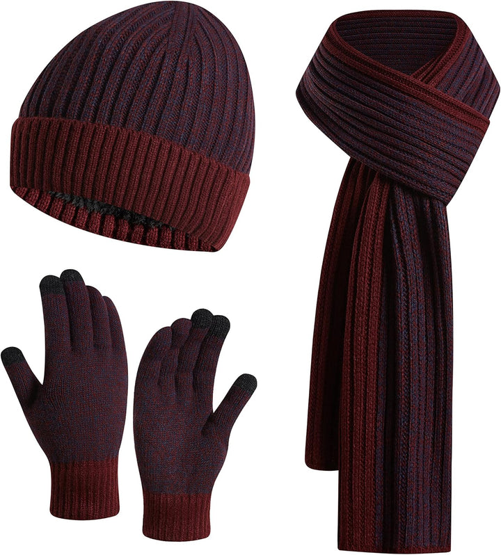 3PCS in 1 Winter Warm Knit Beanie Hat+Long Scarf+Touchscreen Gloves Set with Knit Fleece Lined for Men