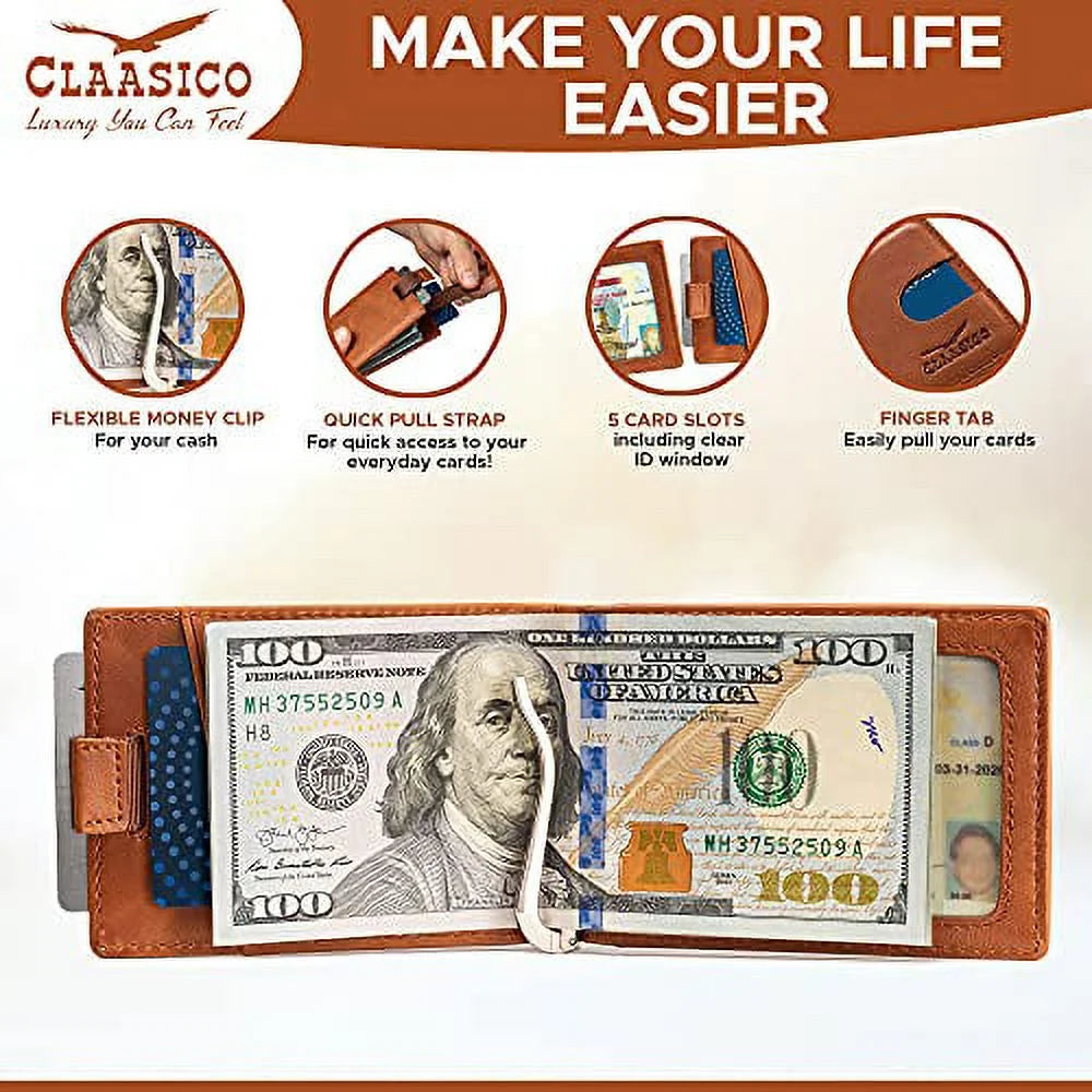 Super Slim RFID Leather Wallet for Men Card Holder with Money Clip Prefect for Travel & Front Pocket Use