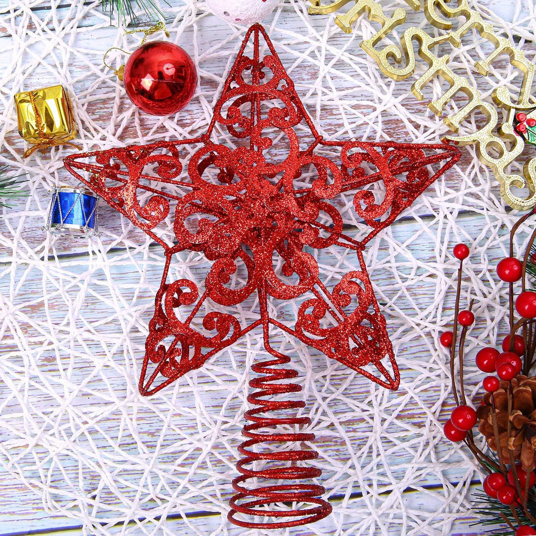 10 Inches Metal Glittered Christmas Tree Topper Star Treetop Decoration for Christmas Home Decor, Red