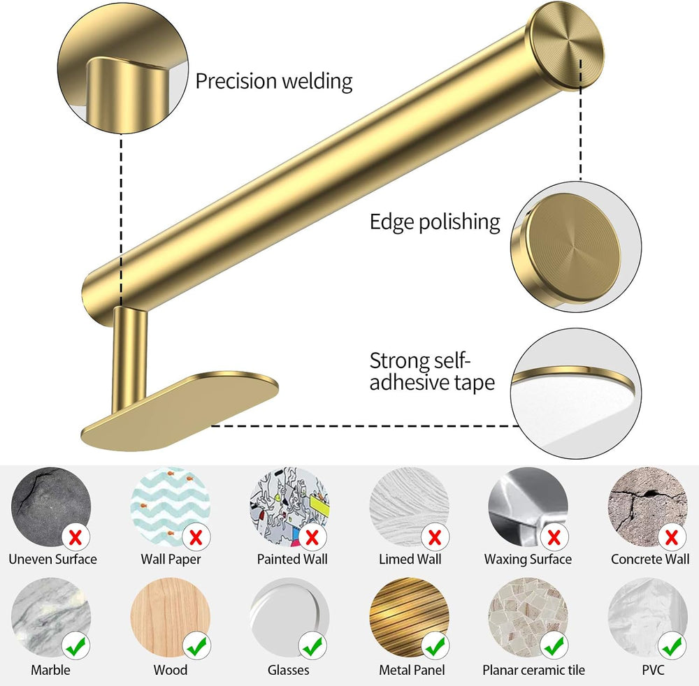 Self Adhesive Paper Towel Holder Gold under Cabinet Mount, No Drilling Paper Tower Rack, Stainless Steel Rust-Proof and Durable, Suitable for Kitchen, Bathroom, 11.8 Inch
