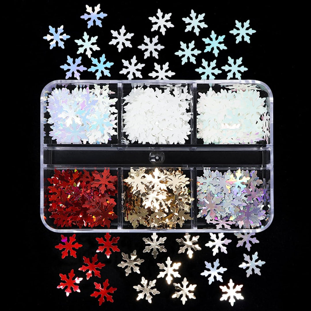 Christmas Nail Art Glitters Snowflake Nail Sequins Flakes Set of 6 Grids, 3D Holographic Snowflake Nail Art Decor Accessories Glitter Snowflake Nail Decals Winter Snowflake Glitters for Women Manicure