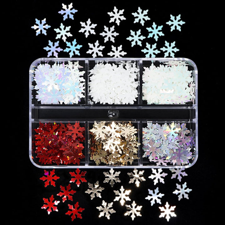 Christmas Nail Art Glitters Snowflake Nail Sequins Flakes Set of 6 Grids, 3D Holographic Snowflake Nail Art Decor Accessories Glitter Snowflake Nail Decals Winter Snowflake Glitters for Women Manicure