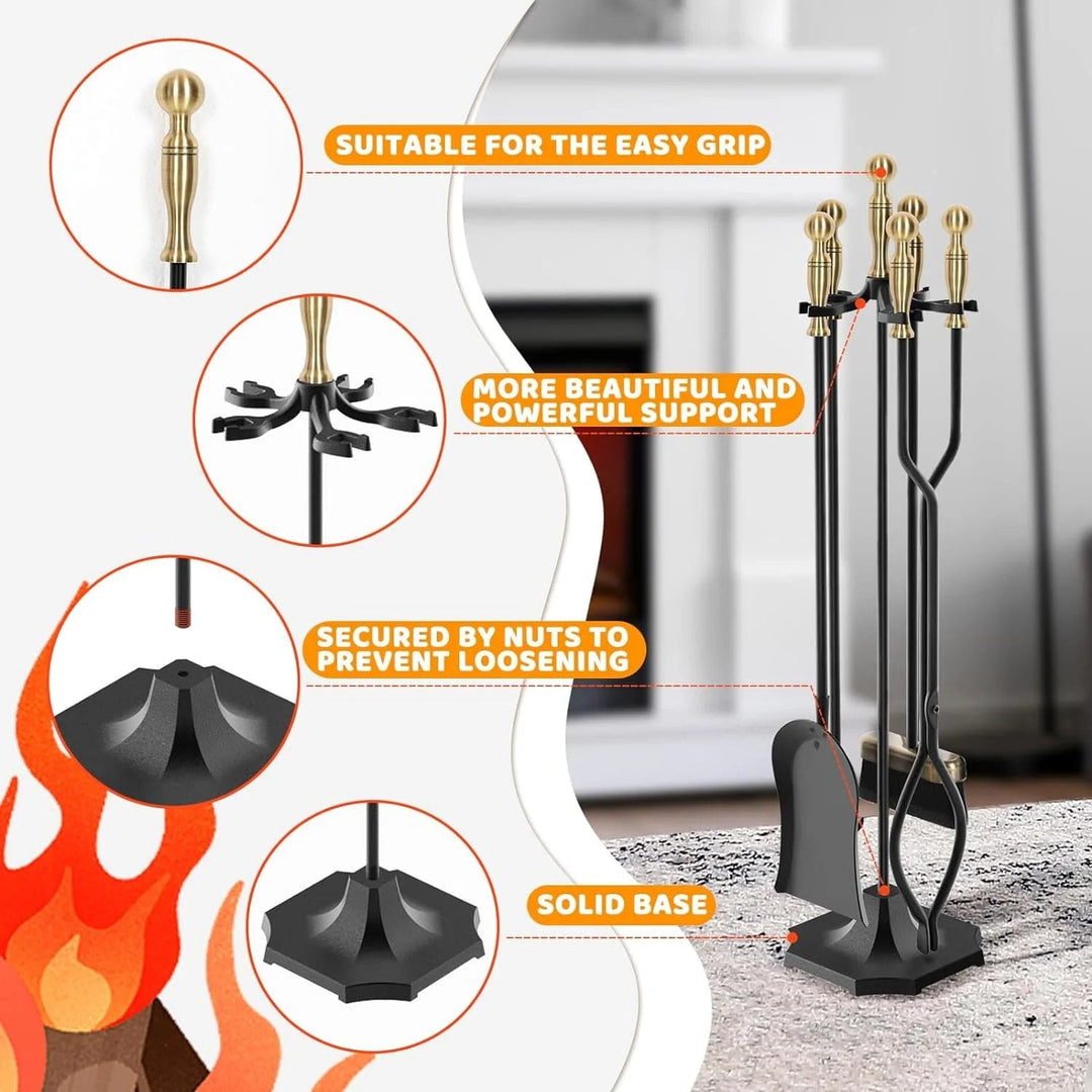 5 Pieces 31In Fireplace Tools Set, Wrought Iron Fireplace Tools with Ergonomic Handle, Fireplace Accessories Set Included Tong, Shovel, Base, Poker and Brush for Indoor & Outdoo(Antique Bronze)