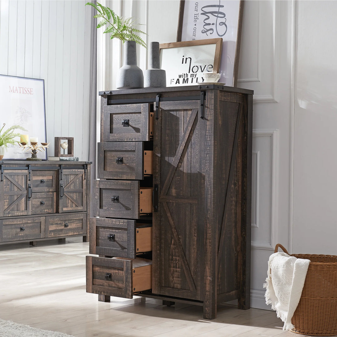 5 Drawers Dresser for Bedroom W/Sliding Barn Door, Storage Organizer Dresser for Bedroom, Hallway, Living Room, Kids Room, Dark Rustic Oak