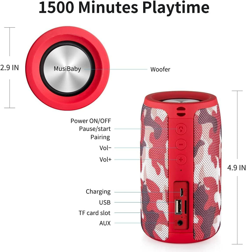 Bluetooth Speaker,Musibaby Speaker,Wireless,Waterproof,Outdoor,Portable Speaker,Dual Pairing,Loud Stereo,Booming Bass,1500 Min Playtime Wireless Speaker for Home,Iphone,Party,Gifts(Camo Red)