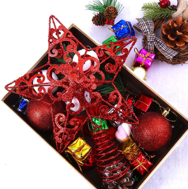 10 Inches Metal Glittered Christmas Tree Topper Star Treetop Decoration for Christmas Home Decor, Red