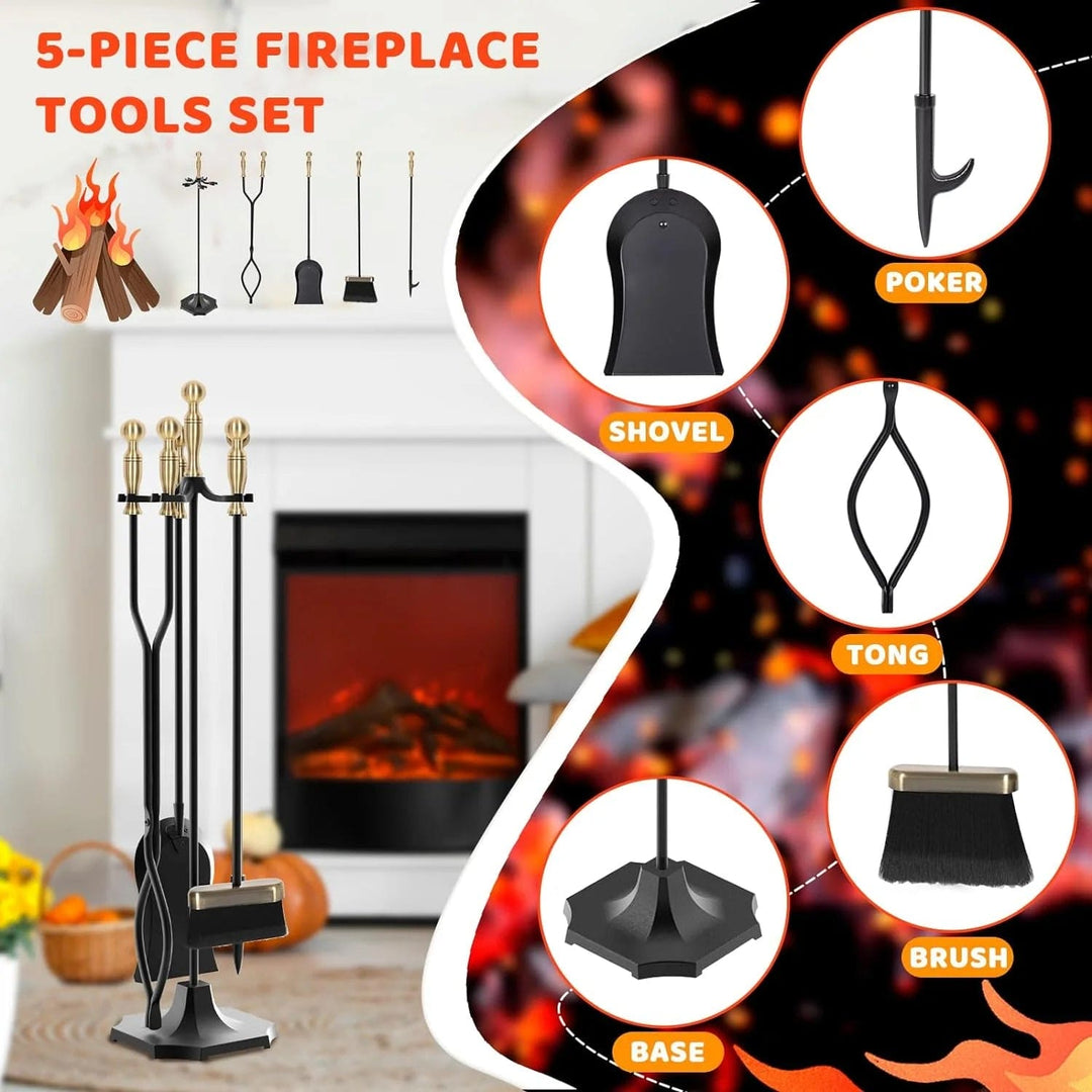 5 Pieces 31In Fireplace Tools Set, Wrought Iron Fireplace Tools with Ergonomic Handle, Fireplace Accessories Set Included Tong, Shovel, Base, Poker and Brush for Indoor & Outdoo(Antique Bronze)