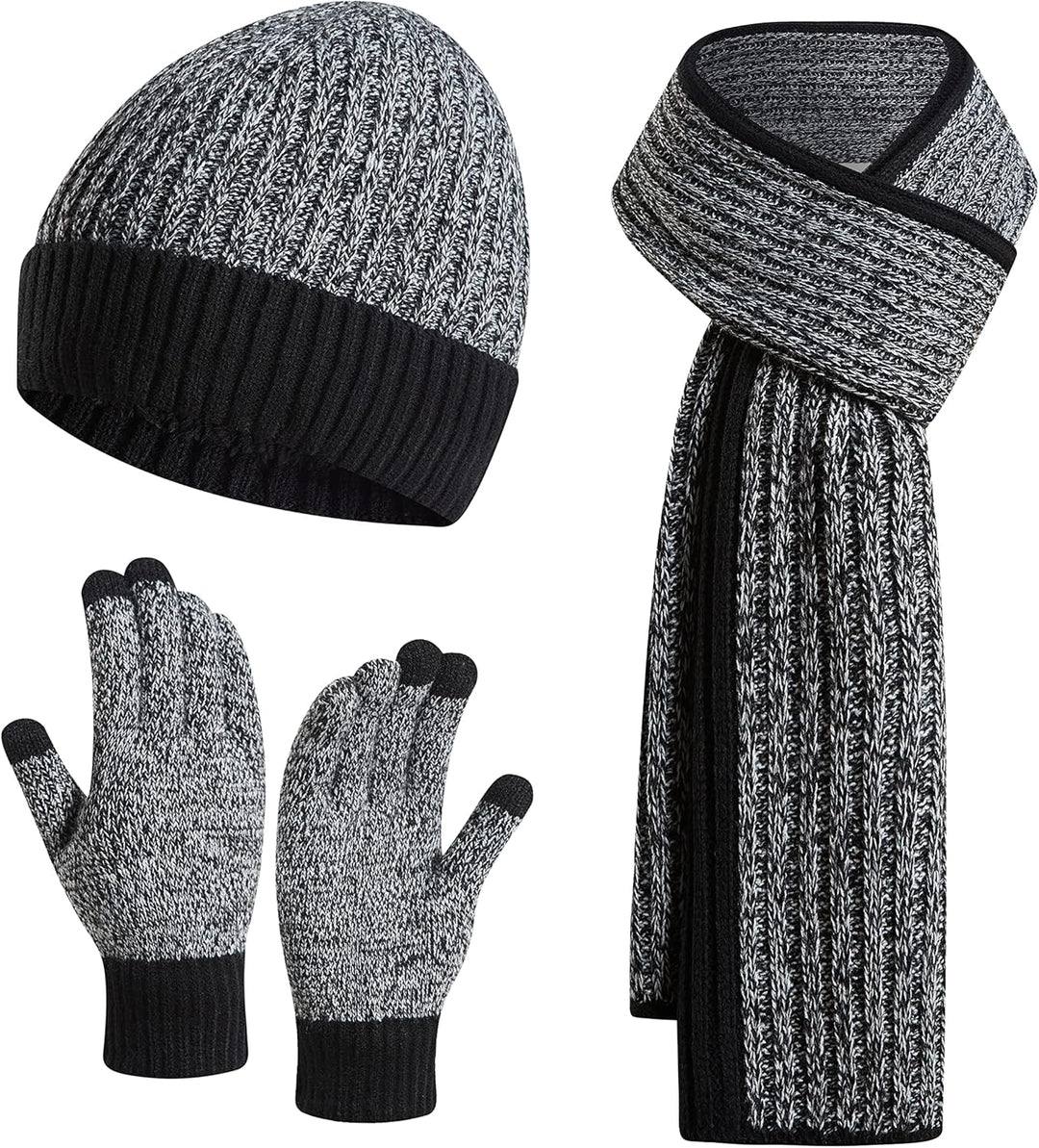 3PCS in 1 Winter Warm Knit Beanie Hat+Long Scarf+Touchscreen Gloves Set with Knit Fleece Lined for Men