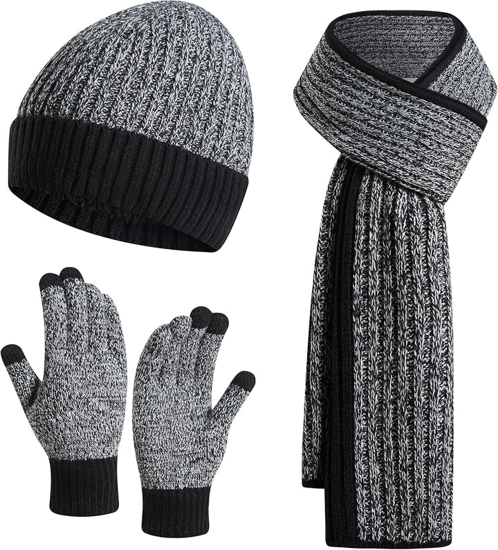 3PCS in 1 Winter Warm Knit Beanie Hat+Long Scarf+Touchscreen Gloves Set with Knit Fleece Lined for Men