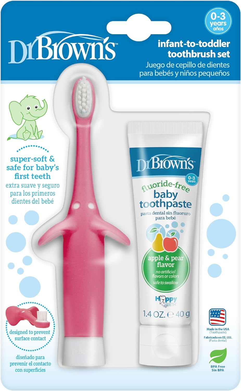 Infant-To-Toddler Training Toothbrush Set, Pink Elephant with Fluoride-Free Apple Pear Baby Toothpaste, 0-3 Years (Colors May Vary)