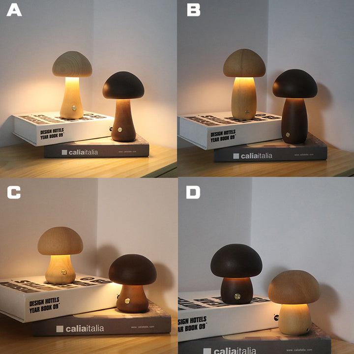 Wooden Mushroom LED Night Light - Touch Switch, Bedroom Decor, Kids Room, Home