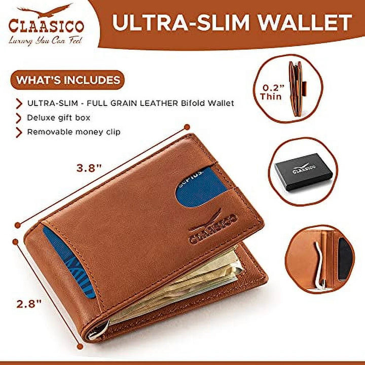 Super Slim RFID Leather Wallet for Men Card Holder with Money Clip Prefect for Travel & Front Pocket Use