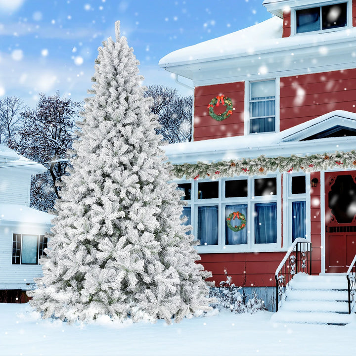 Qunler 9Ft Snow Flocked Christmas Tree with 2028 Tips, Artificial Snowy Xmas Pine Tree with Reinforced Metal Base for Home Office Party Holiday Decorations ,White(No Light)