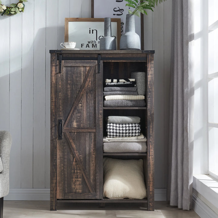 5 Drawers Dresser for Bedroom W/Sliding Barn Door, Storage Organizer Dresser for Bedroom, Hallway, Living Room, Kids Room, Dark Rustic Oak