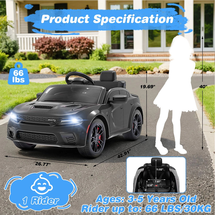 Dodge Electric Ride on Cars for Kids, 12V Licensed Dodge Charger Srt Hellcat Powered Ride on Toys with Parent Remote Control, Electric Car for Boys 3-5 W/Music Player/Led Lights/Safety Belt, Black