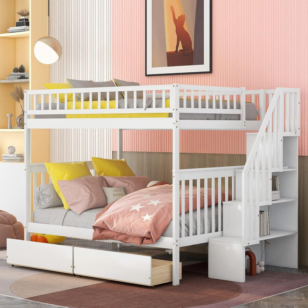 Bunk Beds Full over Full Size, Solid Wood Full Bunk Beds with Drawers and Stairway, Full Length Guardrail, No Box Spring Needed (Grey Full over Full Bunk Beds)