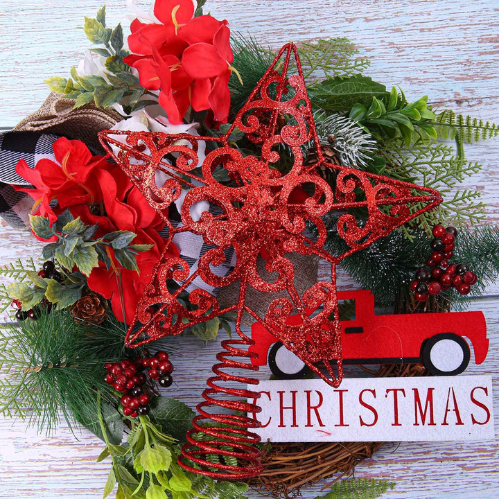 10 Inches Metal Glittered Christmas Tree Topper Star Treetop Decoration for Christmas Home Decor, Red