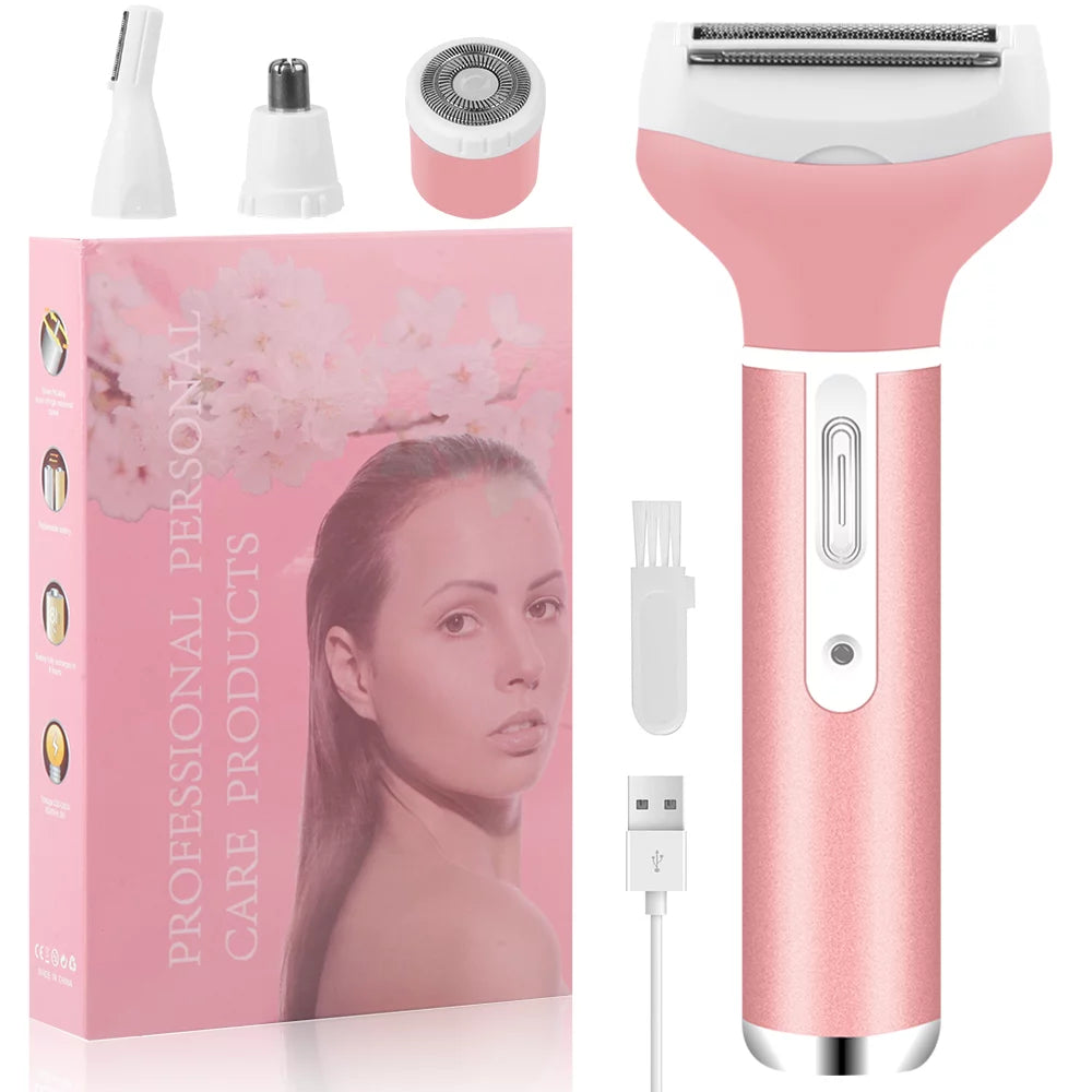 Electric Razor Nose Hair Trimmer for Women Leg Arm Pubic Facial Hair 4 in 1 Shaver Rechargeable Pink