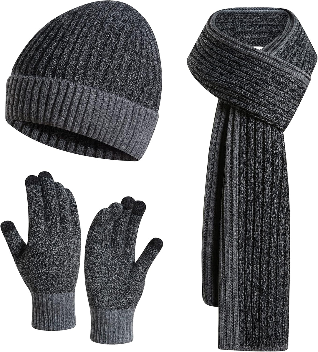 3PCS in 1 Winter Warm Knit Beanie Hat+Long Scarf+Touchscreen Gloves Set with Knit Fleece Lined for Men