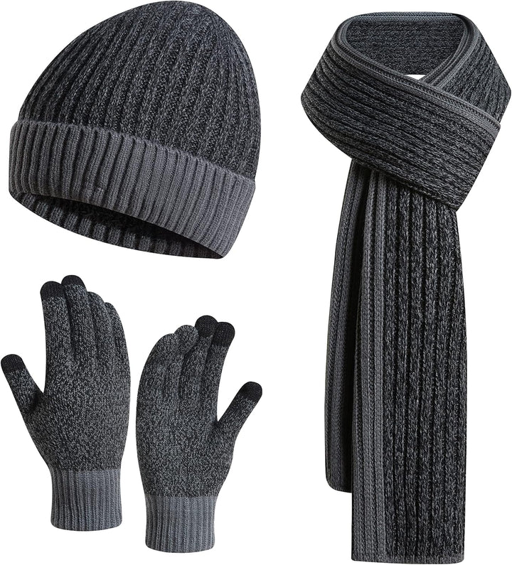 3PCS in 1 Winter Warm Knit Beanie Hat+Long Scarf+Touchscreen Gloves Set with Knit Fleece Lined for Men