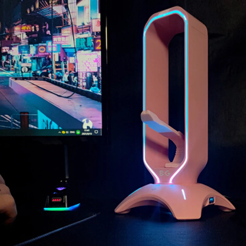 RGB Gaming Headphone Stand Computer Headset Stand Holder Desktop Display Luminous with 2 USB Ports for Gamers Gaming Earphone