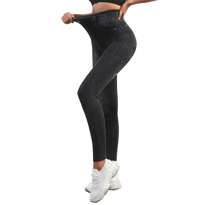 Women Jeggings Imitation Denim Leggings Elastic Slim Fit Buttocks Pants High Waist Tummy Control Seamless Elastic Yoga Leggings