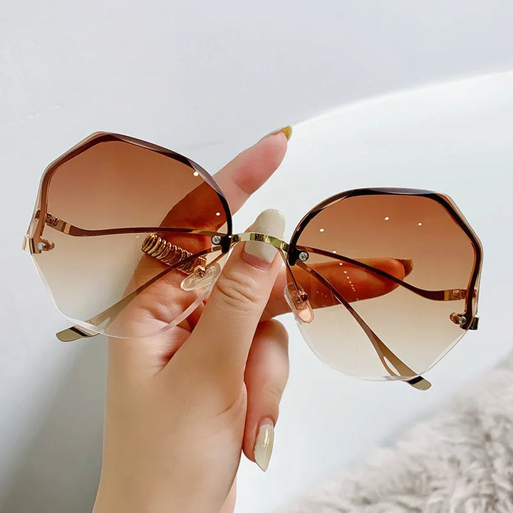 Irregular Round Sunglasses Women Brand Designer Gradient Fashion Sun Glasses Female Rimless Metal Curved Temples Oculos De Sol